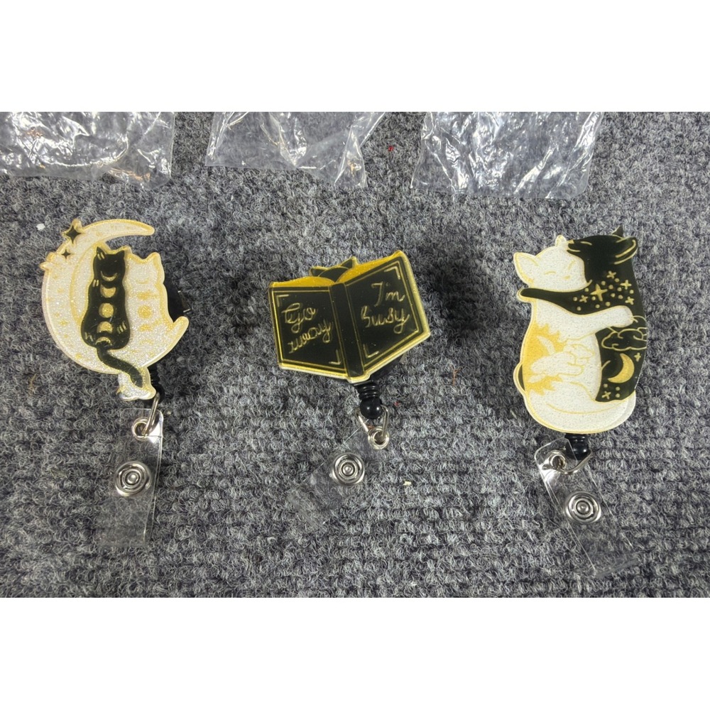 Cat and Book Themed Retractable Badge Reels Set of 3 Black White Gold Celestial
